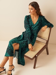 Friends Like These Green Black Print Petite V Neck Shirred Waist Long Puff Sleeve Midi Dress - Image 3 of 4