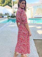 Love & Roses Red Animal Printed Ruffle V Neck Button Up Midi Dress - Image 3 of 4