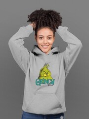 All + Every Heather Grey Womens Christmas Heather The Grinch Head Sparkle Text Hooded Sweatshirt - Image 1 of 3