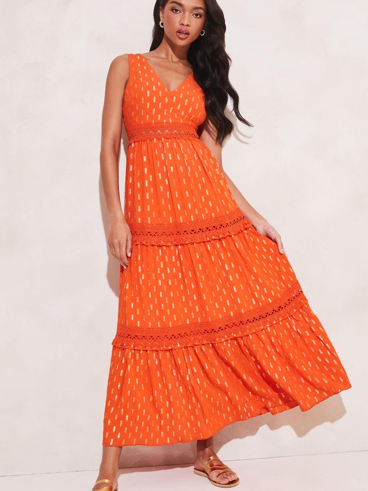 Lipsy Orange Foil Printed Metallic V Neck Crochet Lace Trim Maxi Dress - Image 1 of 4