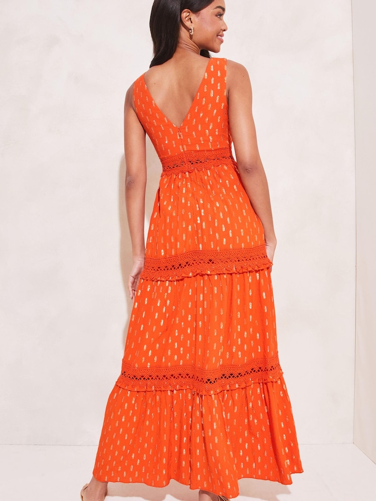 Lipsy Orange Foil Printed Metallic V Neck Crochet Lace Trim Maxi Dress - Image 2 of 4