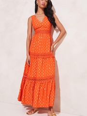 Lipsy Orange Foil Printed Metallic V Neck Crochet Lace Trim Maxi Dress - Image 3 of 4