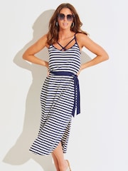 Pour Moi Blue Jersey Strap Detail Tie Waist Midi Dress - Image 1 of 3