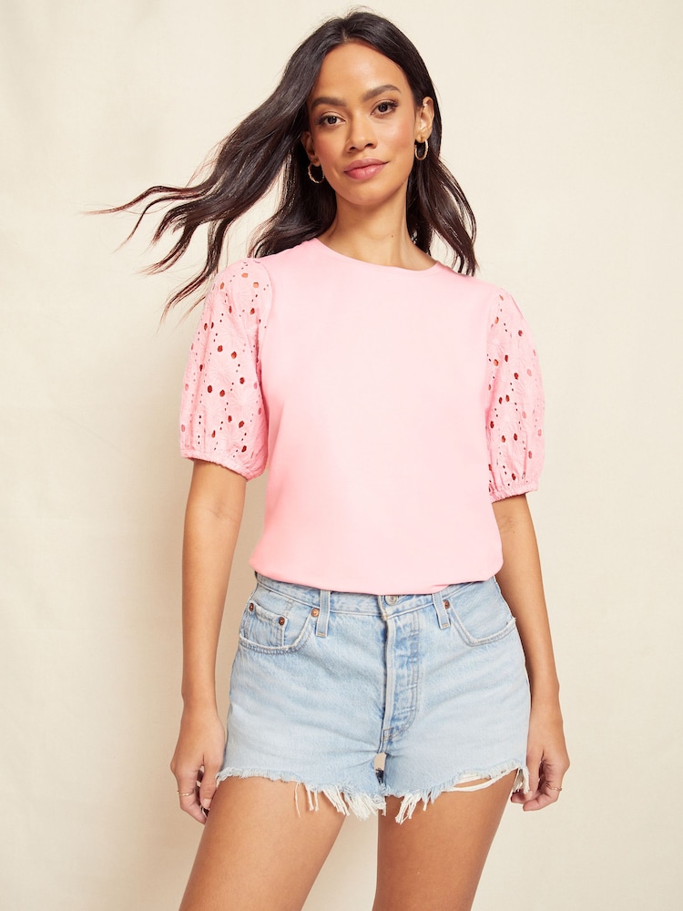 Friends Like These Pink Broderie Puff Sleeve Round Neck Top - Image 1 of 4