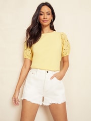 Friends Like These Yellow Broderie Puff Sleeve Round Neck Top - Image 1 of 4