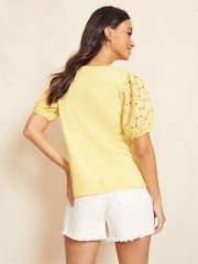 Friends Like These Yellow Broderie Puff Sleeve Round Neck Top - Image 2 of 4