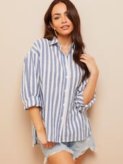 Friends Like These Blue Linen Look Button Through Long Sleeve Shirt - Image 1 of 4