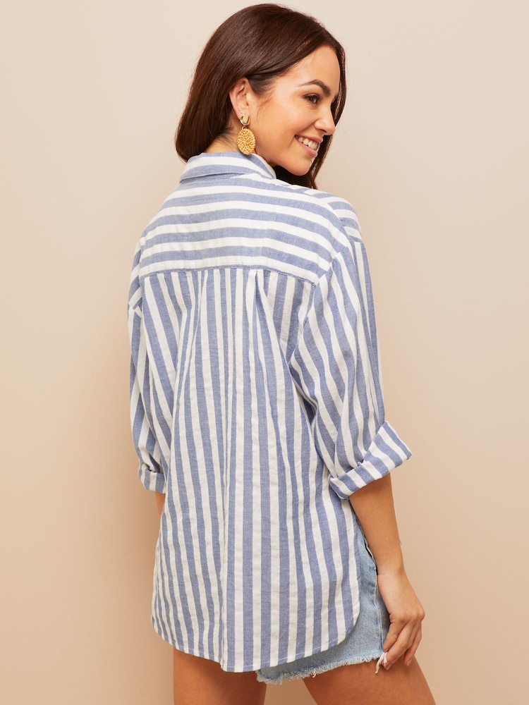 Friends Like These Blue Linen Look Button Through Long Sleeve Shirt - Image 2 of 4 Friends Like These Blue Linen Look Button Through Long Sleeve Shirt - Image 2 of 4