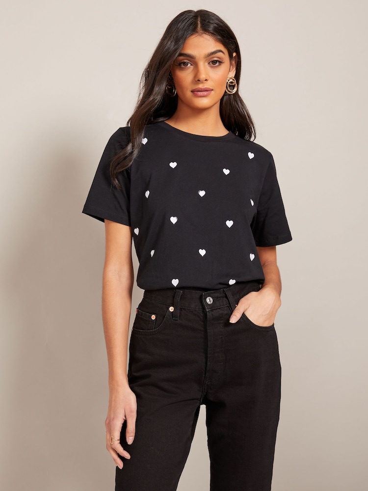 Friends Like These Black Round Neck Heart Embroidered T-Shirt - Image 1 of 4 Friends Like These Black Round Neck Heart Embroidered T-Shirt - Image 1 of 4