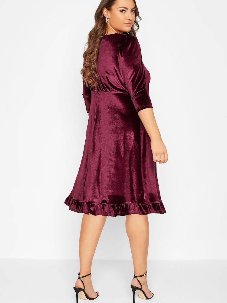 Yours Curve Red Velvet Key Hole Dress - Image 2 of 4