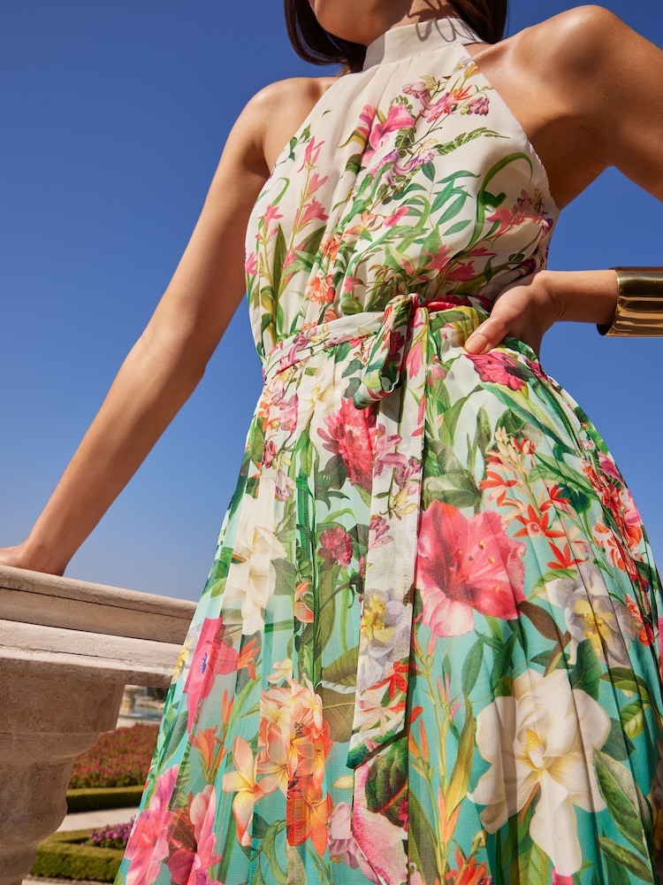V&A | Love & Roses Ivory Floral Printed Halter Pleated Midi Summer Dress - Image 2 of 4