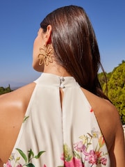 V&A | Love & Roses Ivory Floral Printed Halter Pleated Midi Summer Dress - Image 3 of 4
