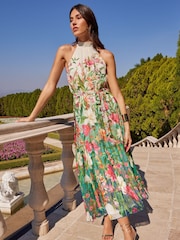 V&A | Love & Roses Ivory Floral Printed Halter Pleated Midi Summer Dress - Image 4 of 4