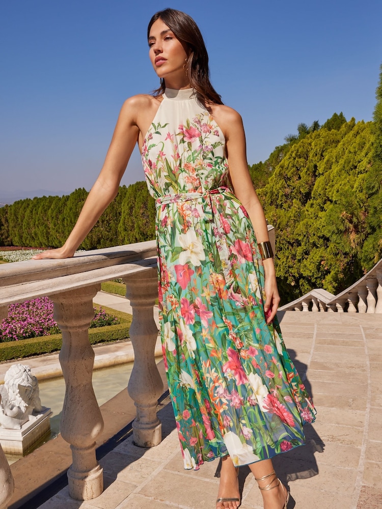 V&A | Love & Roses Ivory Floral Printed Halter Pleated Midi Summer Dress - Image 4 of 4