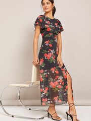 Friends Like These Black Floral Chiffon Flutter Sleeve Midi Dress - Image 1 of 4