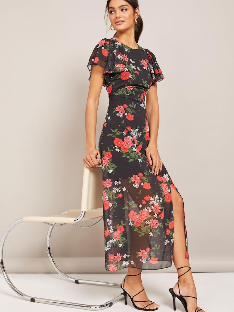 Friends Like These Black Floral Chiffon Flutter Sleeve Midi Dress - Image 1 of 4