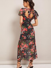 Friends Like These Black Floral Chiffon Flutter Sleeve Midi Dress - Image 2 of 4