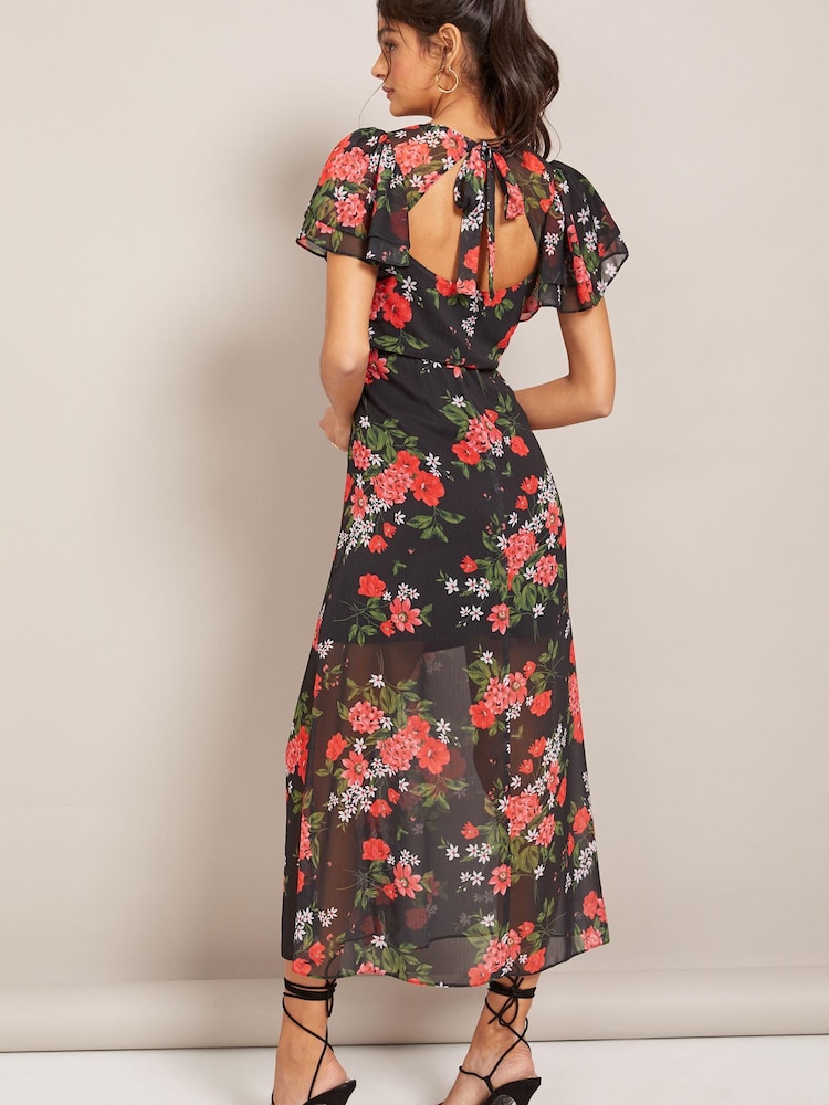 Friends Like These Black Floral Chiffon Flutter Sleeve Midi Dress - Image 2 of 4