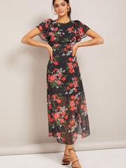 Friends Like These Black Floral Chiffon Flutter Sleeve Midi Dress - Image 3 of 4