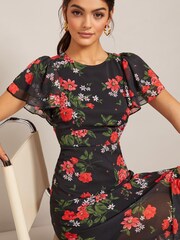 Friends Like These Black Floral Chiffon Flutter Sleeve Midi Dress - Image 4 of 4