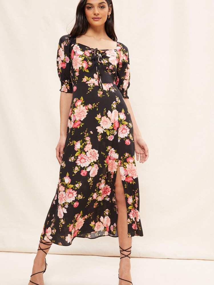 Friends Like These Black Printed Puff Sleeve Sweetheart Midi Dress - Image 1 of 4 Friends Like These Black Printed Puff Sleeve Sweetheart Midi Dress - Image 1 of 4
