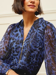 Love & Roses Navy Blue Blue Animal Zip Front Mix Sheer Long Sleeve Blouse - Image 2 of 4