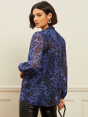 Love & Roses Navy Blue Blue Animal Zip Front Mix Sheer Long Sleeve Blouse - Image 3 of 4