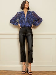 Love & Roses Navy Blue Blue Animal Zip Front Mix Sheer Long Sleeve Blouse - Image 4 of 4