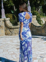 Lipsy Blue Ruched Front Sleeves V Neck Mesh Summer Maxi Dress - Image 2 of 4
