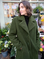 Love & Roses Khaki Green Teddy Longline Button Through Trench Coat - Image 2 of 4