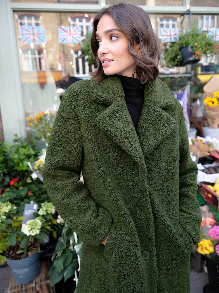 Love & Roses Khaki Green Teddy Longline Button Through Trench Coat - Image 2 of 4