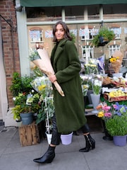 Love & Roses Khaki Green Teddy Longline Button Through Trench Coat - Image 3 of 4