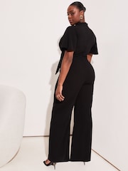 Lipsy Black Curve Flutter Sleeve V Neck Tie Front Wide Leg Jumpsuit - Image 2 of 4
