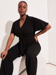 Lipsy Black Curve Flutter Sleeve V Neck Tie Front Wide Leg Jumpsuit - Image 3 of 4