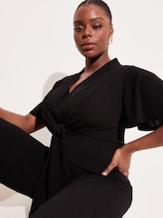 Lipsy Black Curve Flutter Sleeve V Neck Tie Front Wide Leg Jumpsuit - Image 4 of 4