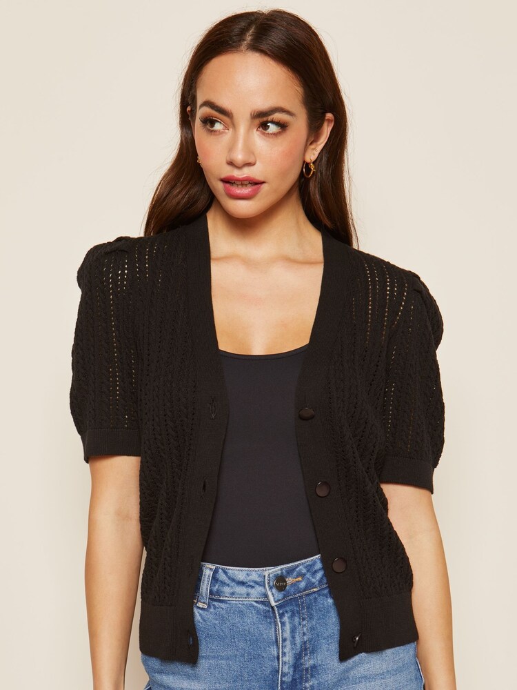 Friends Like These Black Short Sleeve Button Up Pointelle Knitted Cardigan - Image 1 of 4