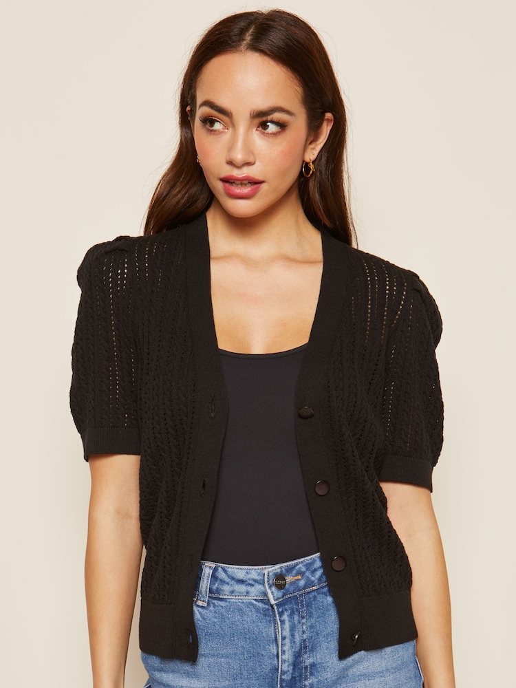 Friends Like These Black Short Sleeve Button Up Pointelle Knitted Cardigan - Image 1 of 4 Friends Like These Black Short Sleeve Button Up Pointelle Knitted Cardigan - Image 1 of 4