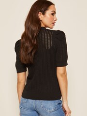 Friends Like These Black Short Sleeve Button Up Pointelle Knitted Cardigan - Image 2 of 4