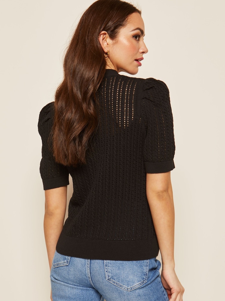 Friends Like These Black Short Sleeve Button Up Pointelle Knitted Cardigan - Image 2 of 4 Friends Like These Black Short Sleeve Button Up Pointelle Knitted Cardigan - Image 2 of 4