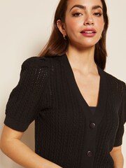 Friends Like These Black Short Sleeve Button Up Pointelle Knitted Cardigan - Image 4 of 4
