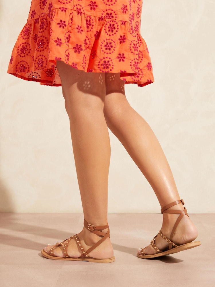 Love & Roses Brown Studded Gladiator Strappy Flat Sandals - Image 4 of 4 Love & Roses Brown Studded Gladiator Strappy Flat Sandals - Image 4 of 4