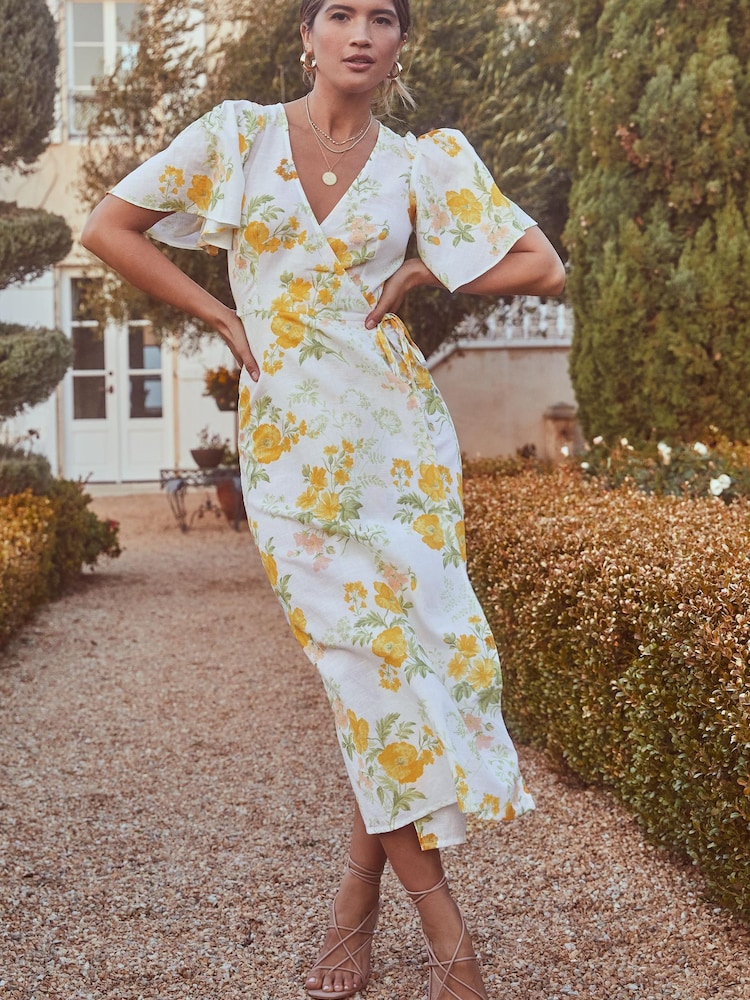 Lipsy Yellow Floral V Neck Flutter Sleeve Wrap Waist Tie Midi Dress - Image 1 of 4 Lipsy Yellow Floral V Neck Flutter Sleeve Wrap Waist Tie Midi Dress - Image 1 of 4