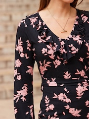 Sosandar Black Printed Ruffle Tunic Top - Image 5 of 5
