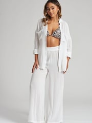 South Beach White Wide Leg Crinkle Wide Leg Beach Trouser - Image 1 of 5
