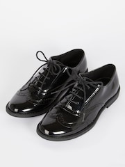 Lipsy Girl Black Lace Up Flat Patent Brogue School Shoe - Image 4 of 4