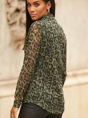 Sosandar Green Animal Print Mesh Shirt - Image 5 of 5