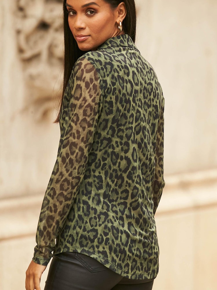 Sosandar Green Animal Print Mesh Shirt - Image 5 of 5