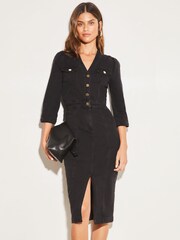 Lipsy Black Petite Half Placket Denim Midi Dress - Image 1 of 4