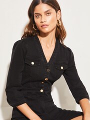 Lipsy Black Petite Half Placket Denim Midi Dress - Image 4 of 4