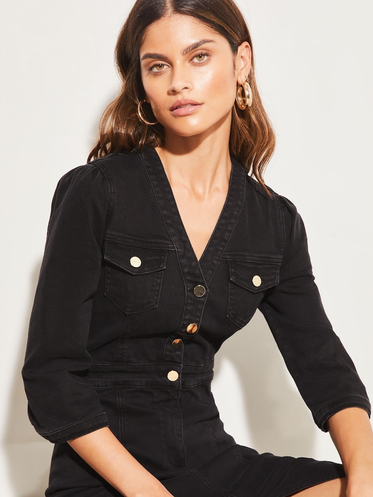 Lipsy Black Petite Half Placket Denim Midi Dress - Image 4 of 4
